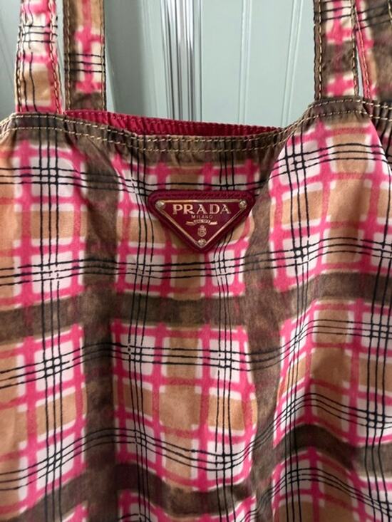 Prada Handbags - Prada Pink Plaid Nylon Large Tote Shoulder Bag Triangle Logo